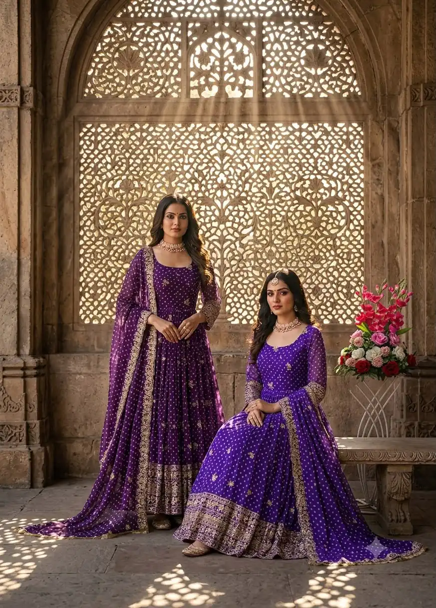 Great Purple Bandhani Print With Embroidery Work Gown - Image 4