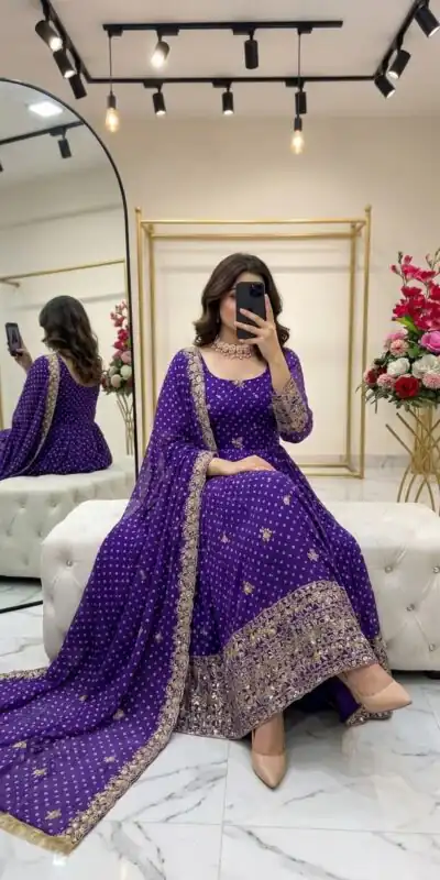 Alternative view of Great Purple Bandhani Print With Embroidery Work Gown