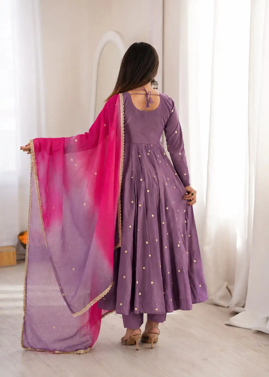 Lovely Lavender Roman Silk Mirror Embroidery Work Gown - Image 7