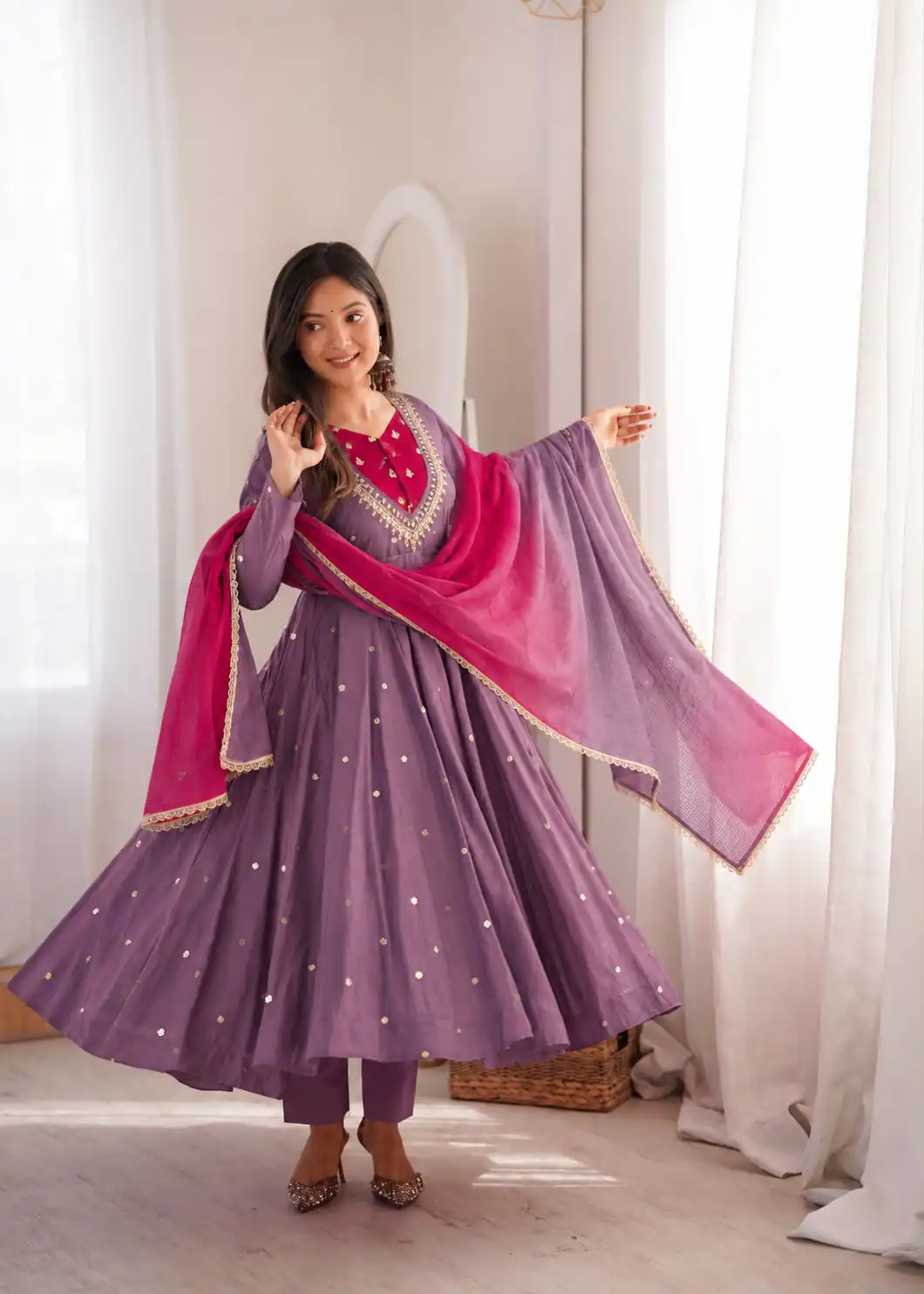 Lovely Lavender Roman Silk Mirror Embroidery Work Gown - Image 6