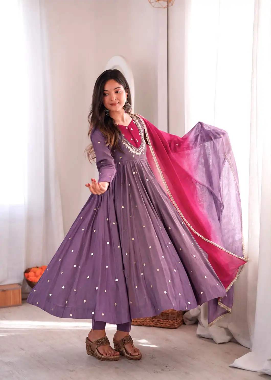 Lovely Lavender Roman Silk Mirror Embroidery Work Gown - Image 5