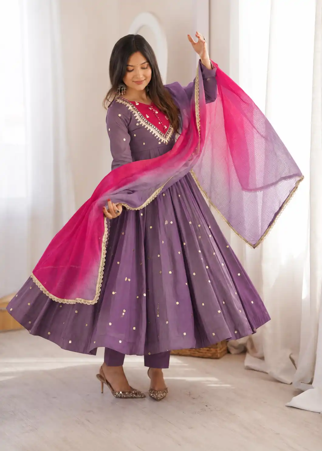 Lovely Lavender Roman Silk Mirror Embroidery Work Gown - Image 4