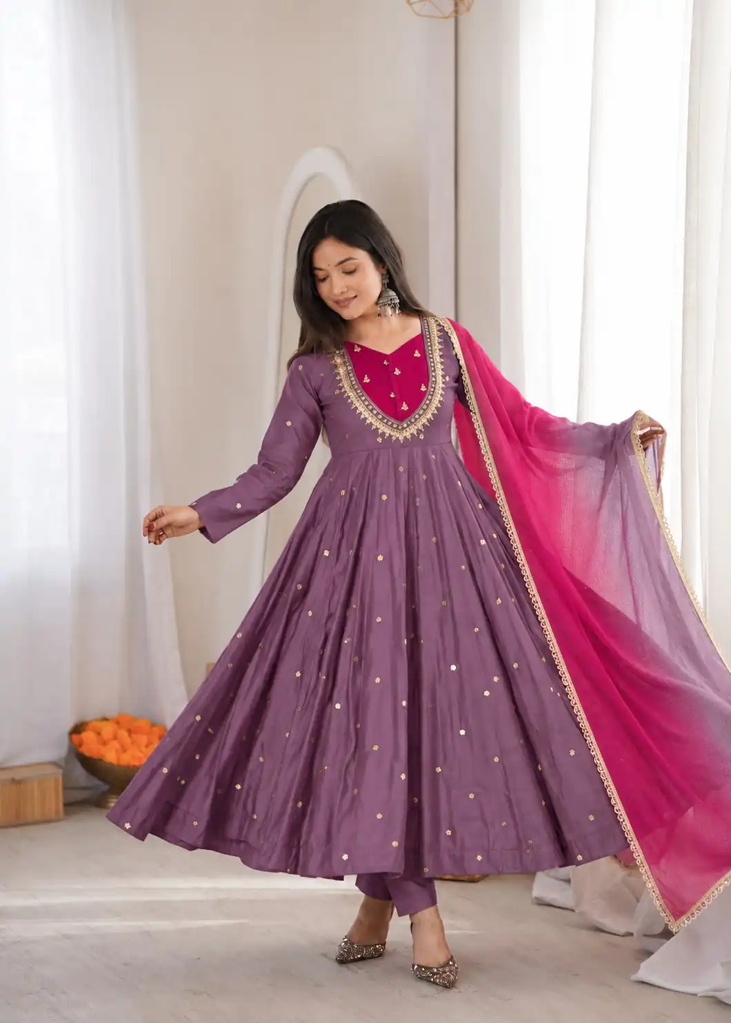 Lovely Lavender Roman Silk Mirror Embroidery Work Gown - Image 3