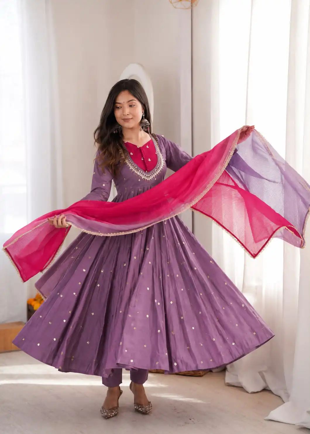 Lovely Lavender Roman Silk Mirror Embroidery Work Gown - Image 2