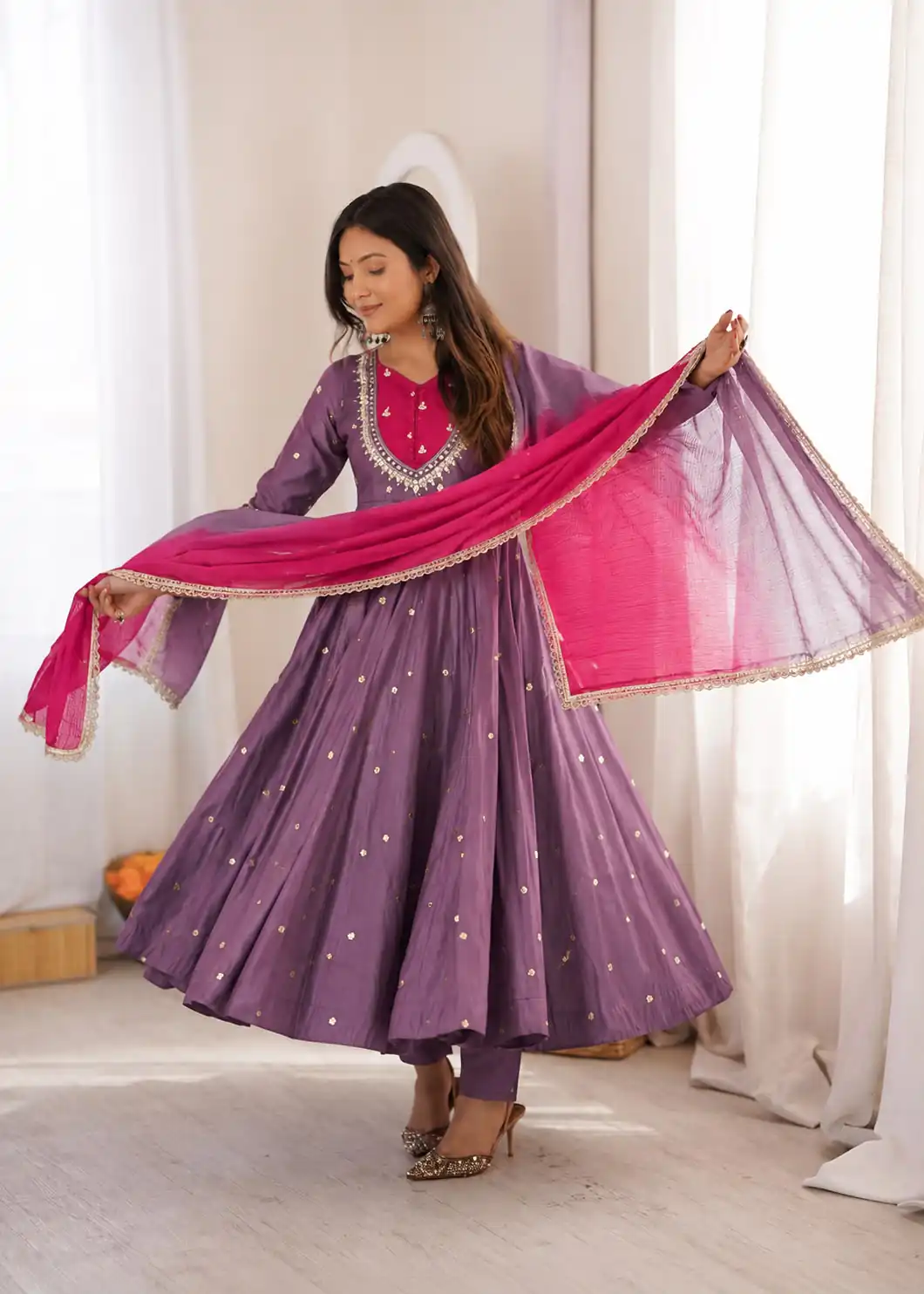 Lovely Lavender Roman Silk Mirror Embroidery Work Gown