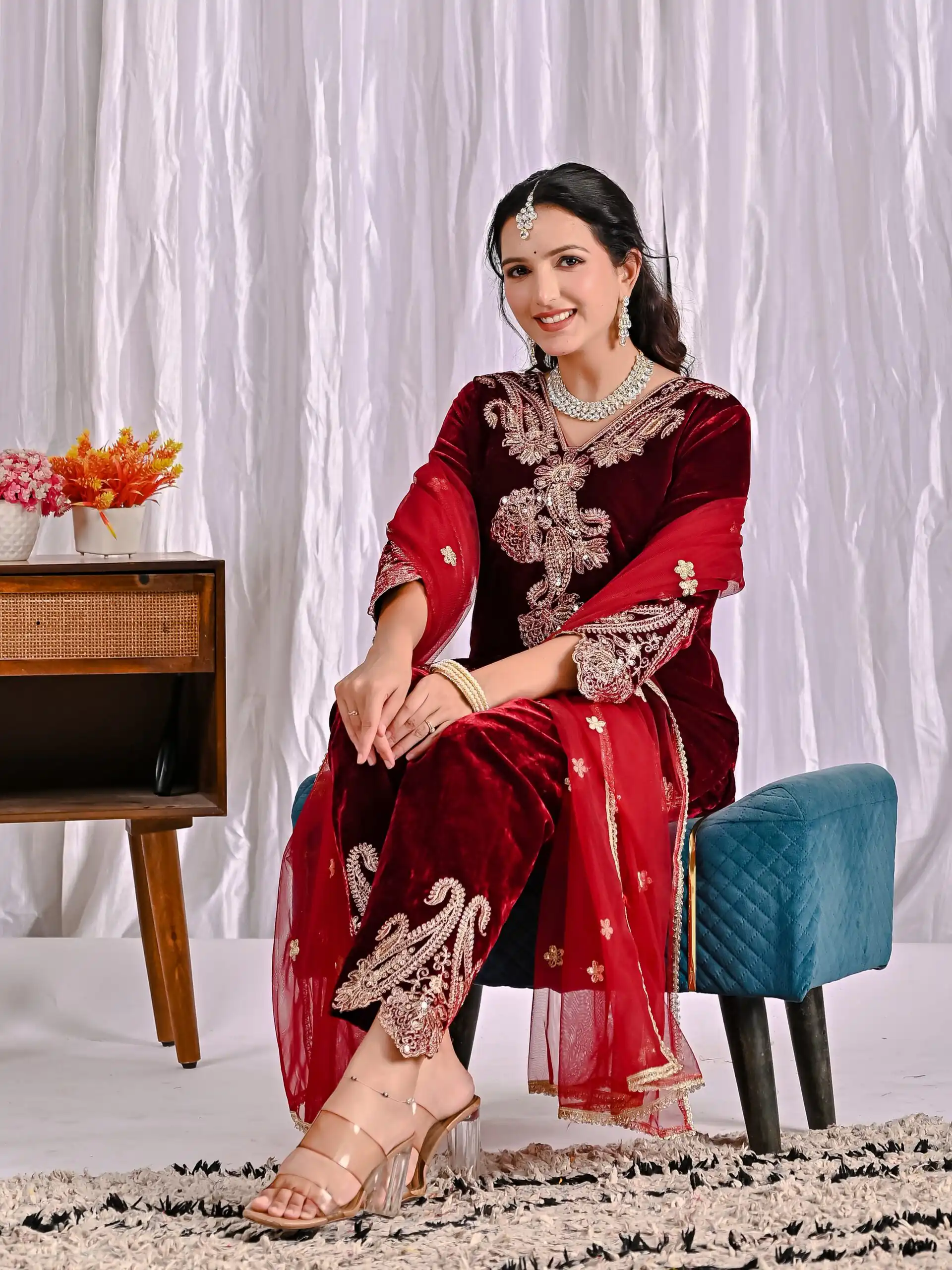 Lovely Maroon Viscose Velvet Embroider Work Salwar Suit - Image 5