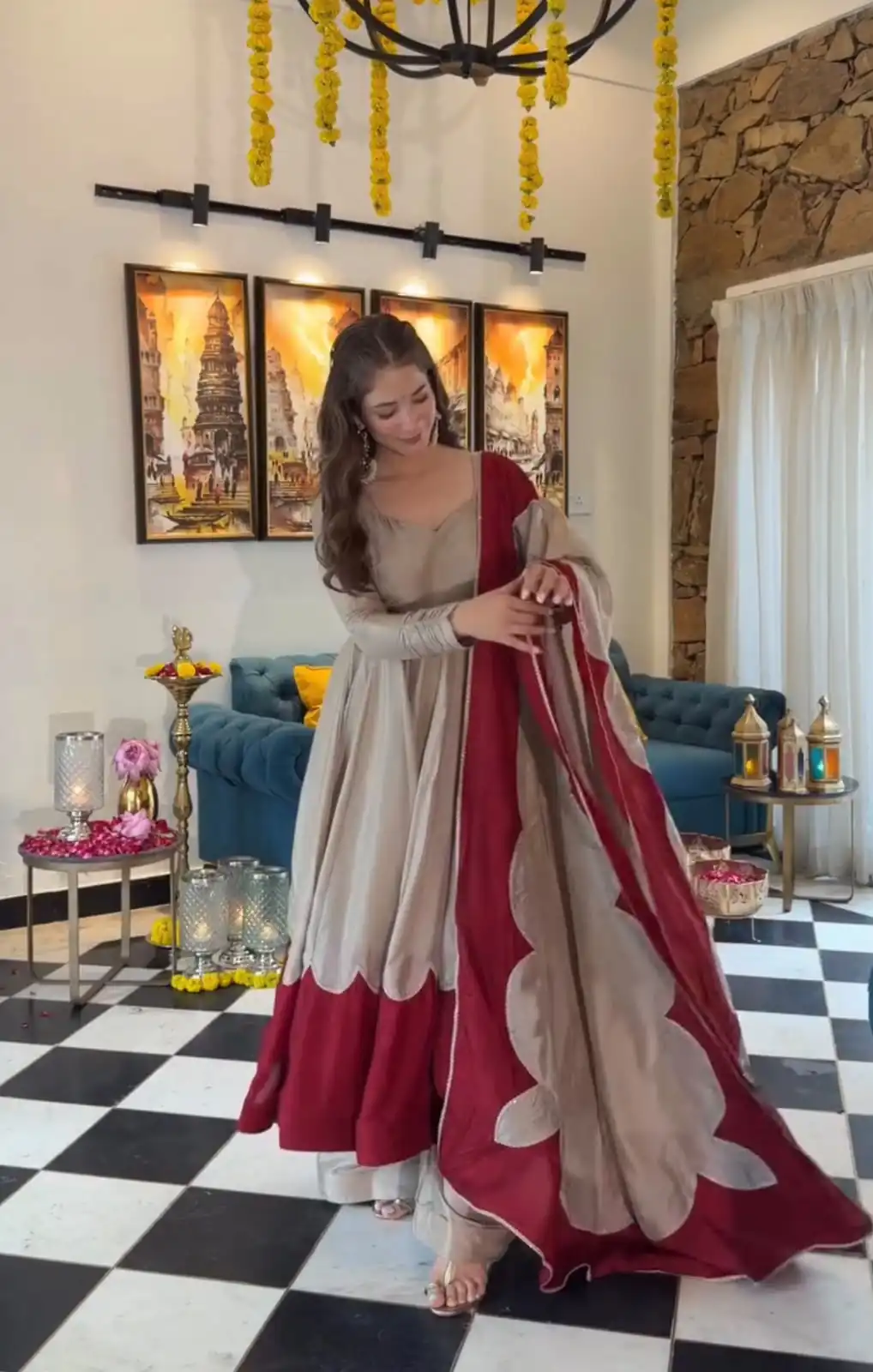 Lovely Off White Roman Silk Embroidery Work Gown - Image 4
