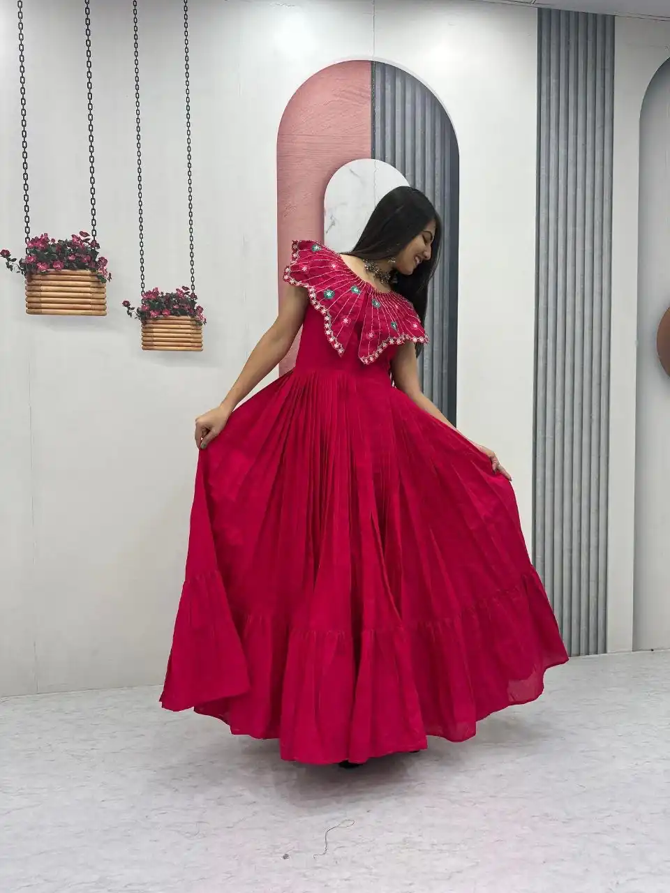 Lovely Pink Roman Thread Khatli Work Gown