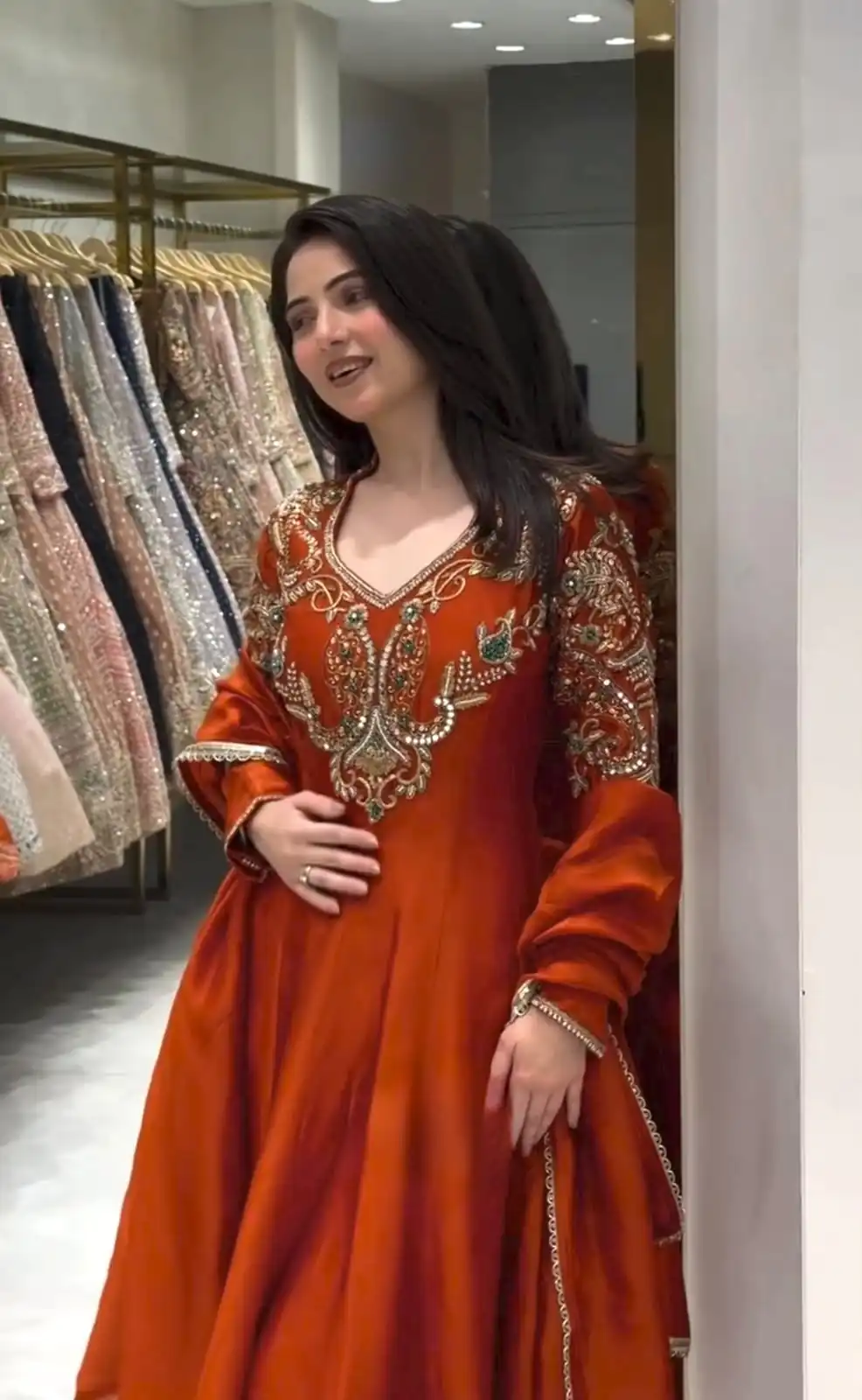 Lovely Rust Roman Silk Beads Embroidery Work Gown - Image 2