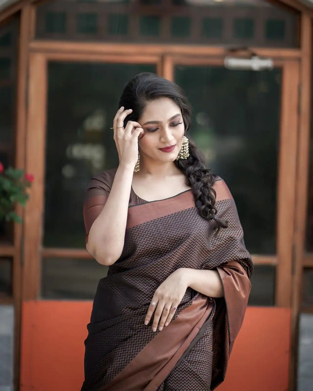 Magical Brown Soft Lichi Jacquard Work Saree - Image 7