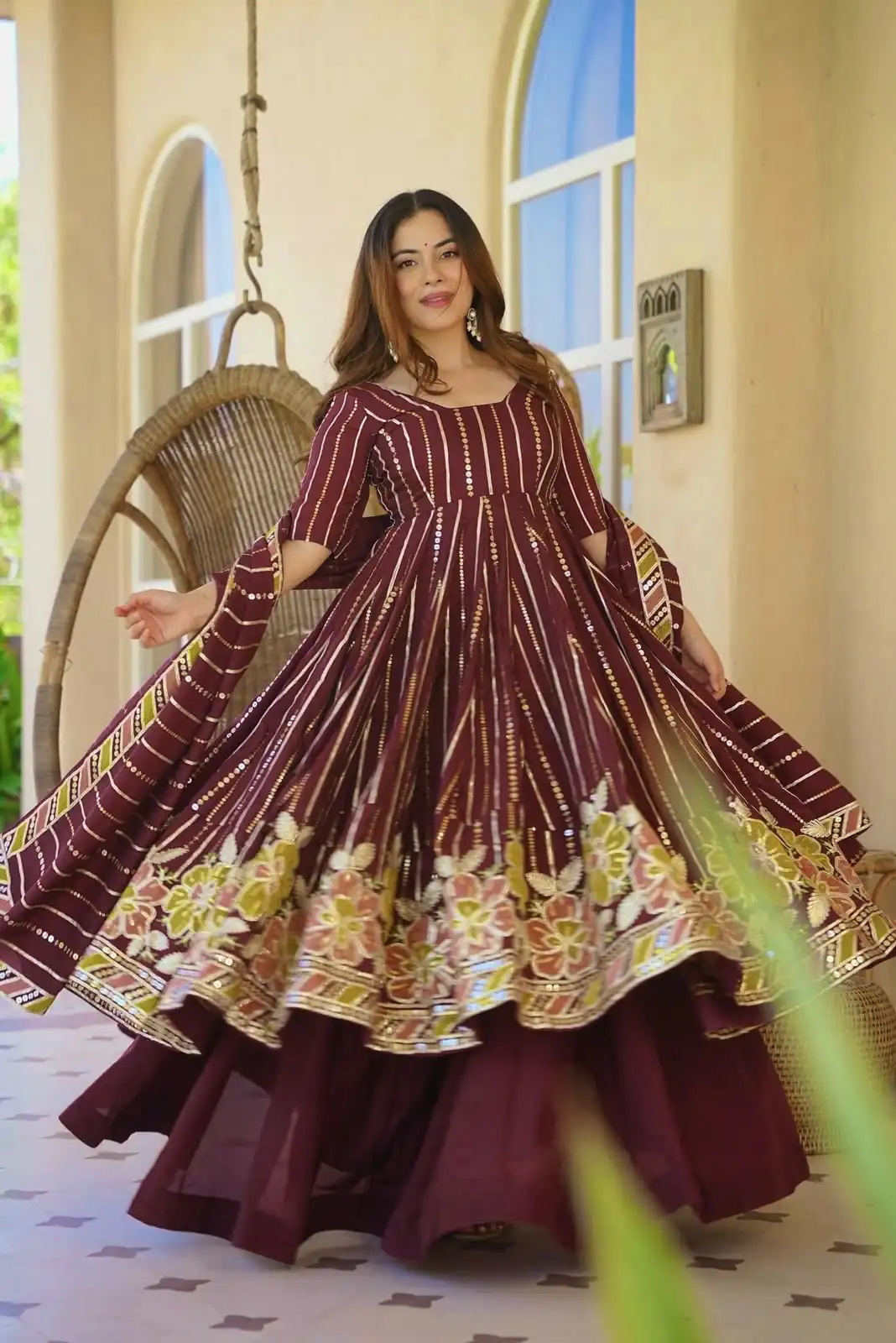 Nice Maroon Faux Georgette Embroidery Work Anarkali Suit
