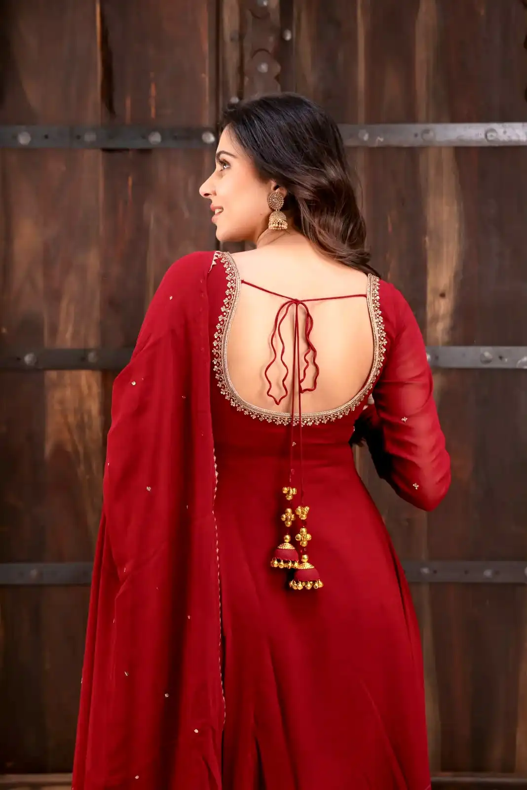 Nice Red Faux Georgette Sequence Work Anarkali Suit - Image 5