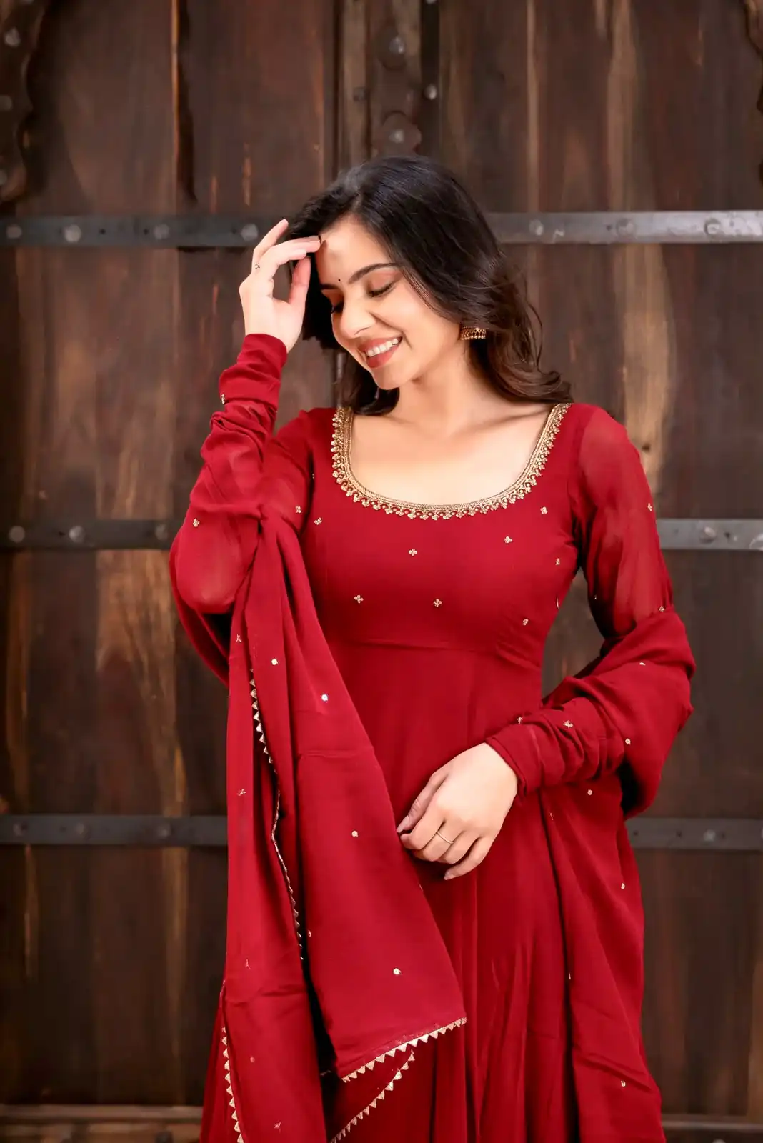 Nice Red Faux Georgette Sequence Work Anarkali Suit - Image 3