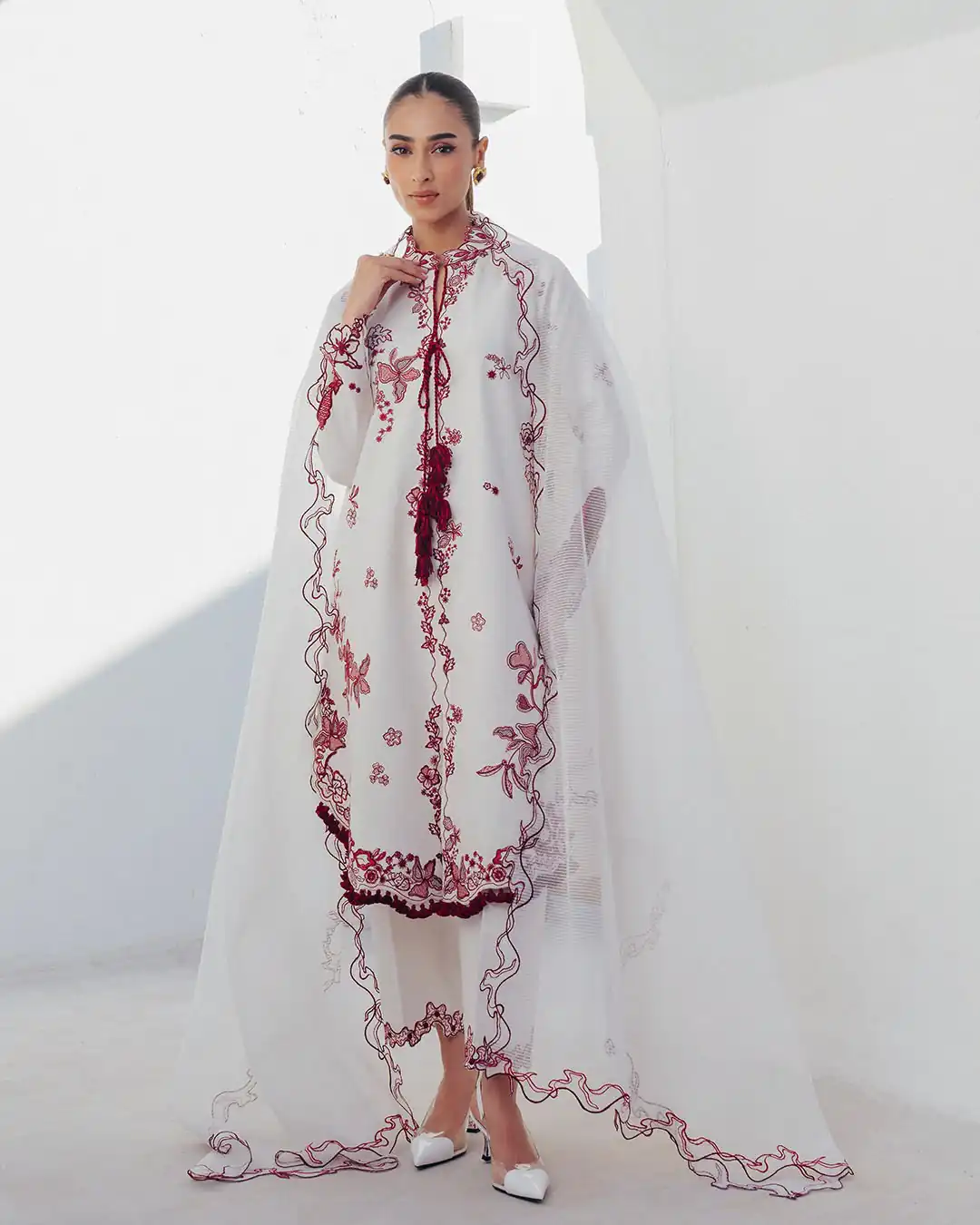 Nice White Roman Silk Embroidery Work Salwar Suit