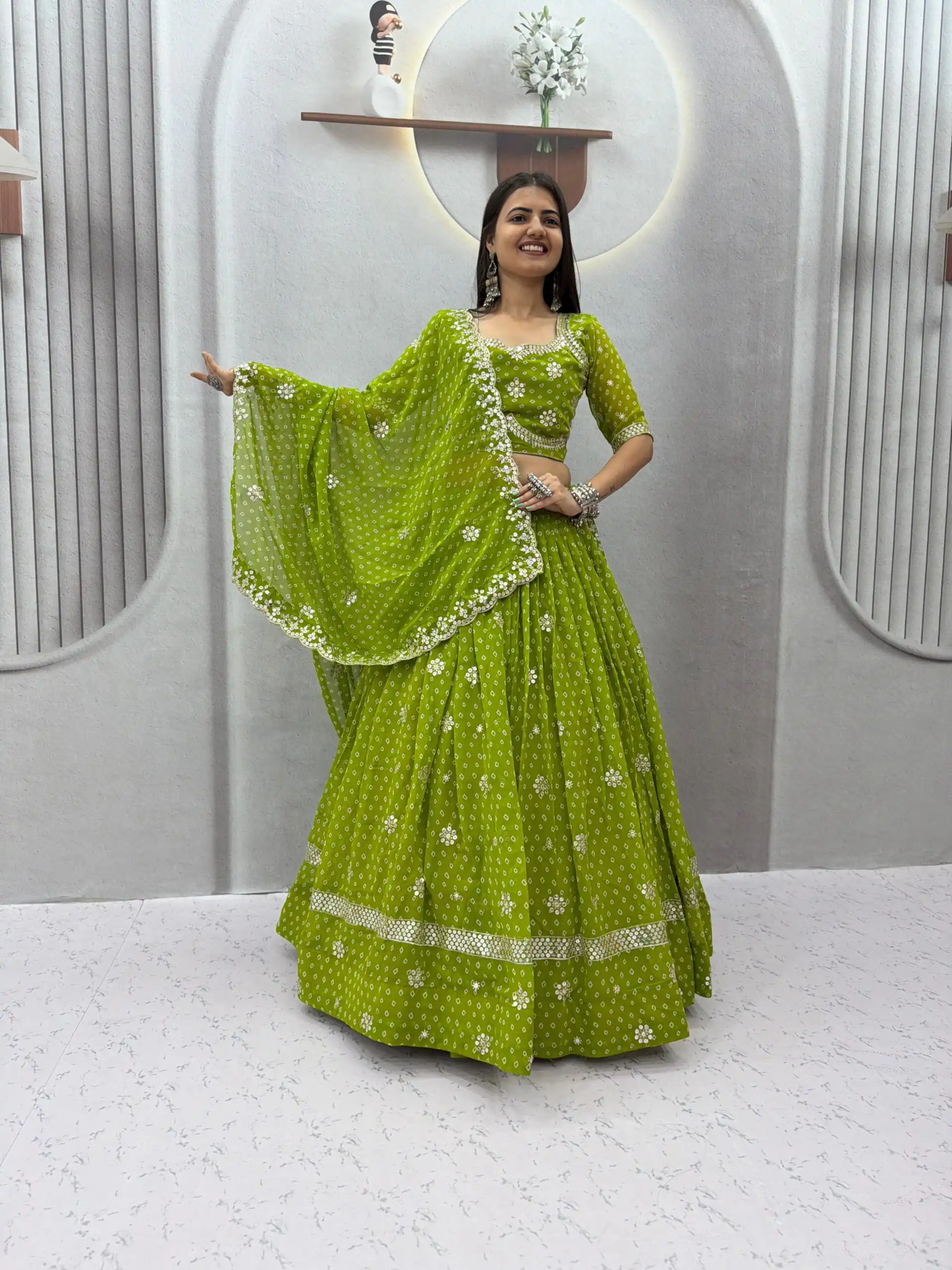 Perfect Parrot Green Georgette Sequence Work Lehenga Choli - Image 3
