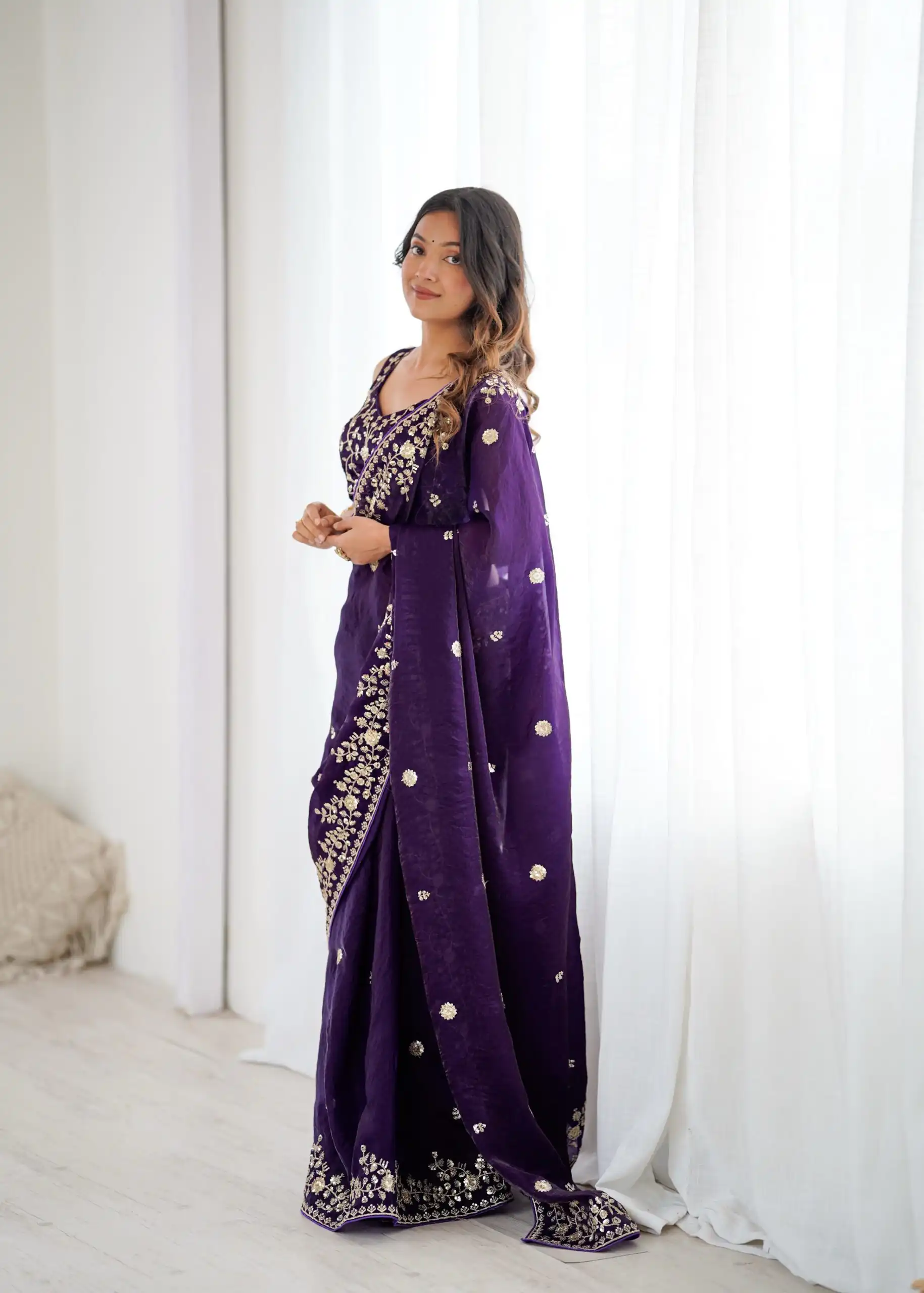 Pretty Purple Fendy Silk Embroidery Work Saree - Image 2