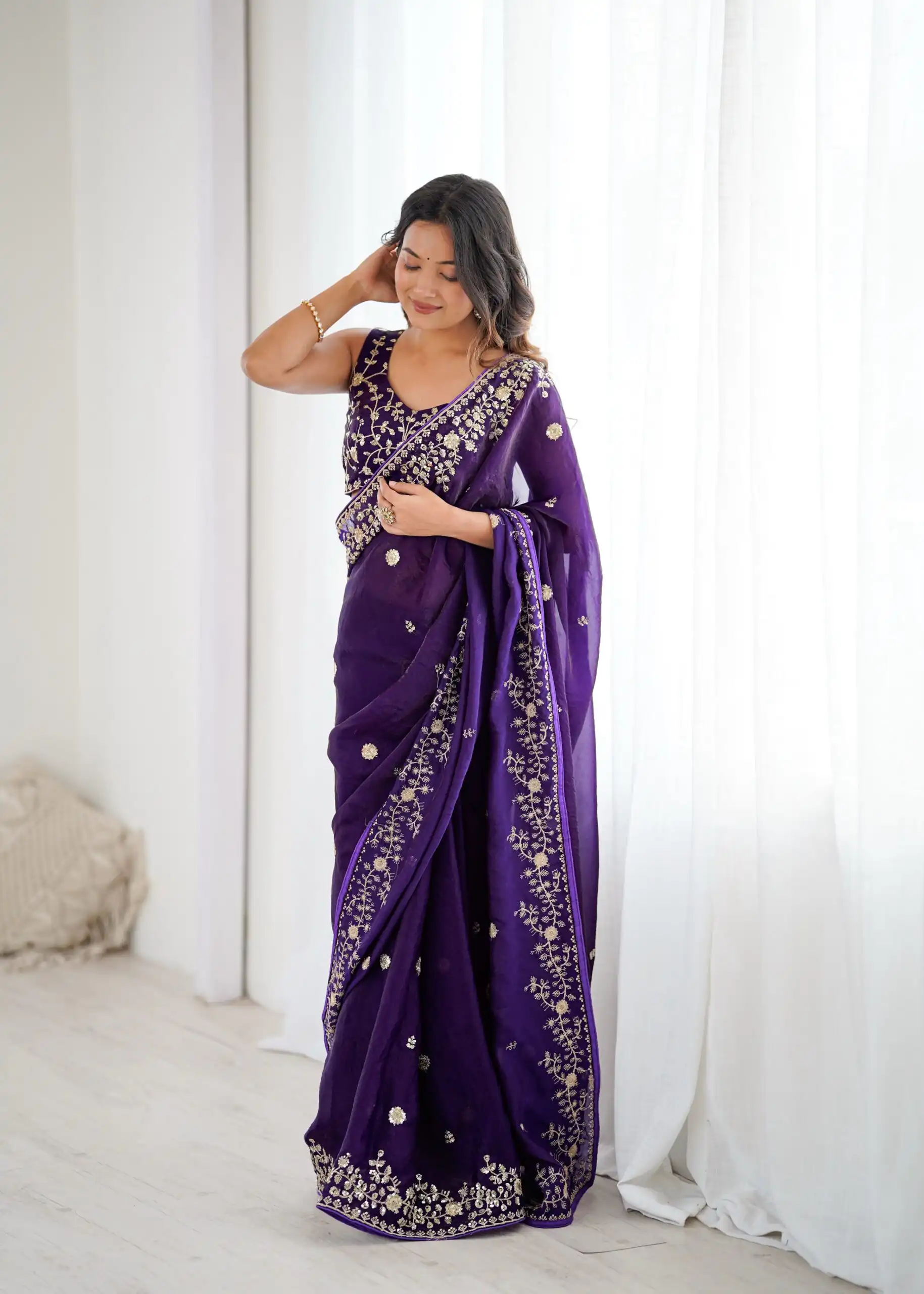 Pretty Purple Fendy Silk Embroidery Work Saree