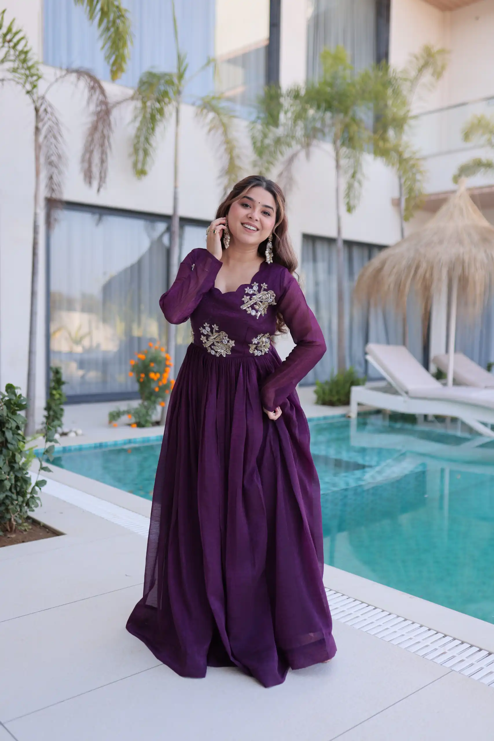 Pretty Purple Silver Crunchy Beads Work Gown - Image 4