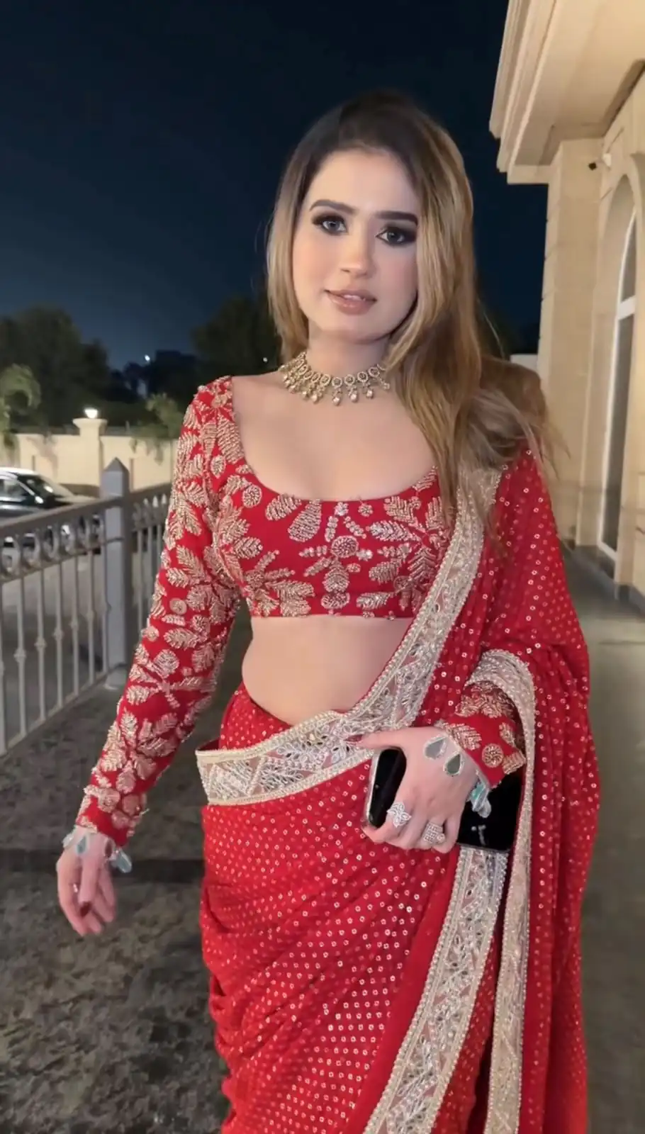 Pretty Red Faux Blooming Georgette Sequins Work Saree - Image 2