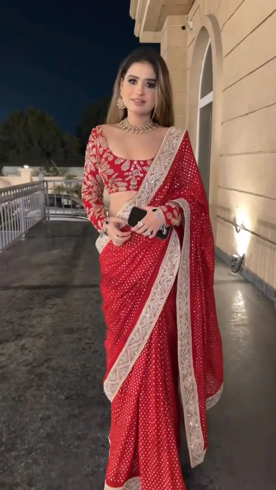Pretty Red Faux Blooming Georgette Sequins Work Saree