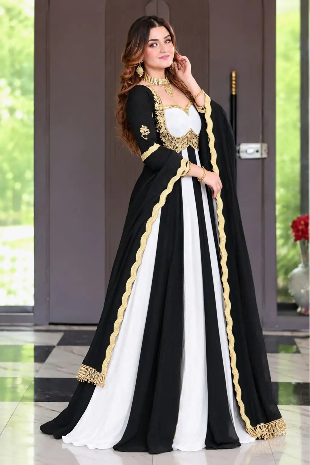 Shiny Black Fendy Silk Sequence Work Gown - Image 2