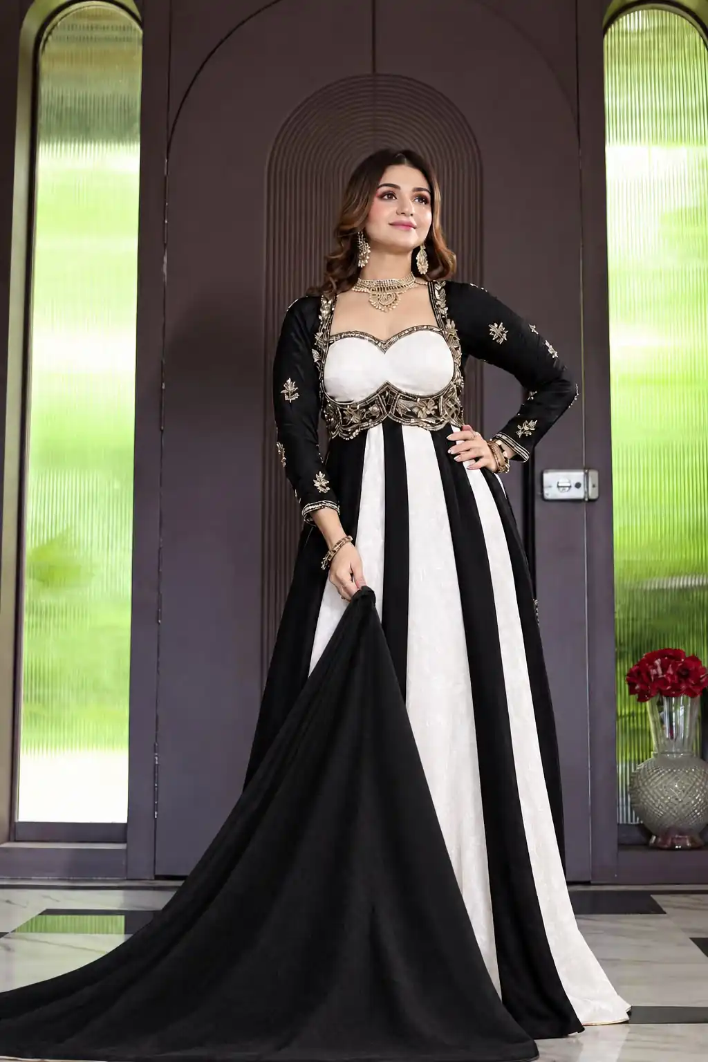 Shiny Black Fendy Silk Sequence Work Gown