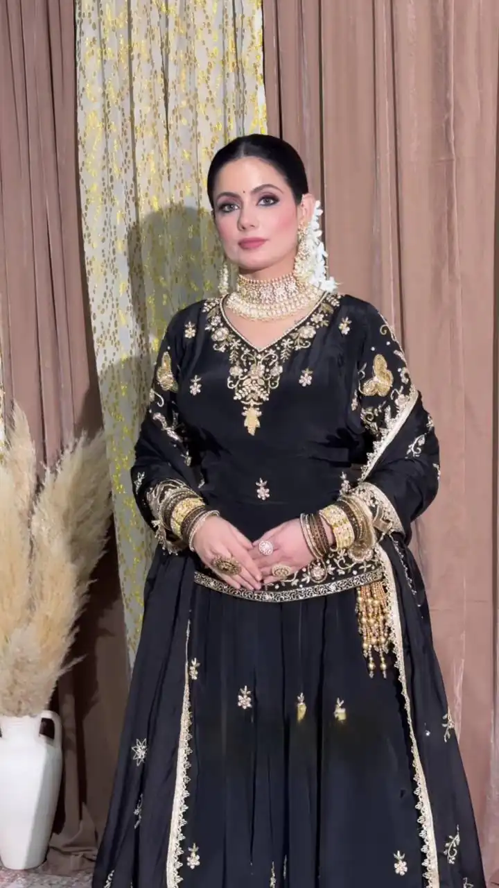 Shiny Black Natural Crepe Silk Embroider Work Salwar Suit