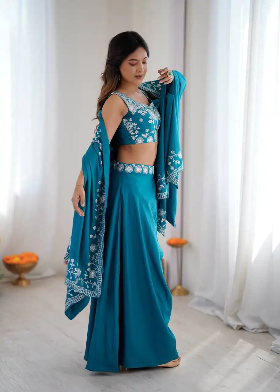 Shiny Blue Crepe Silk Sequins Work Dhoti Suit - Image 9