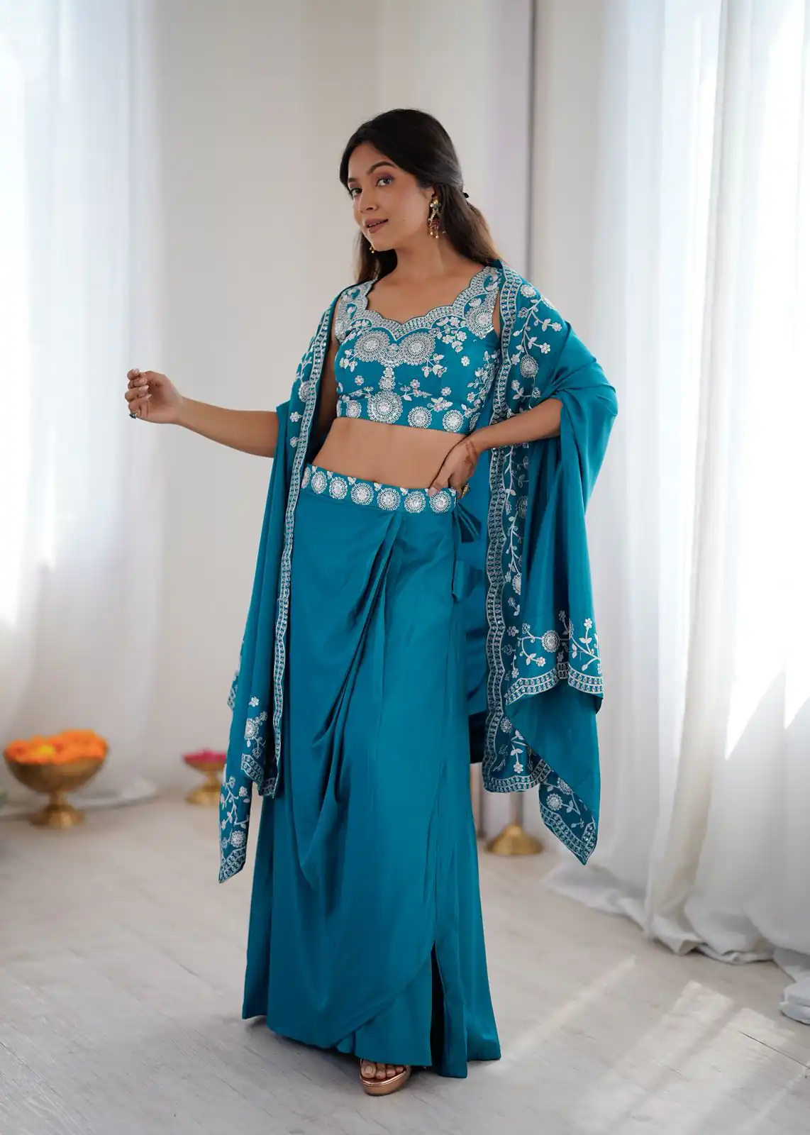 Shiny Blue Crepe Silk Sequins Work Dhoti Suit - Image 8