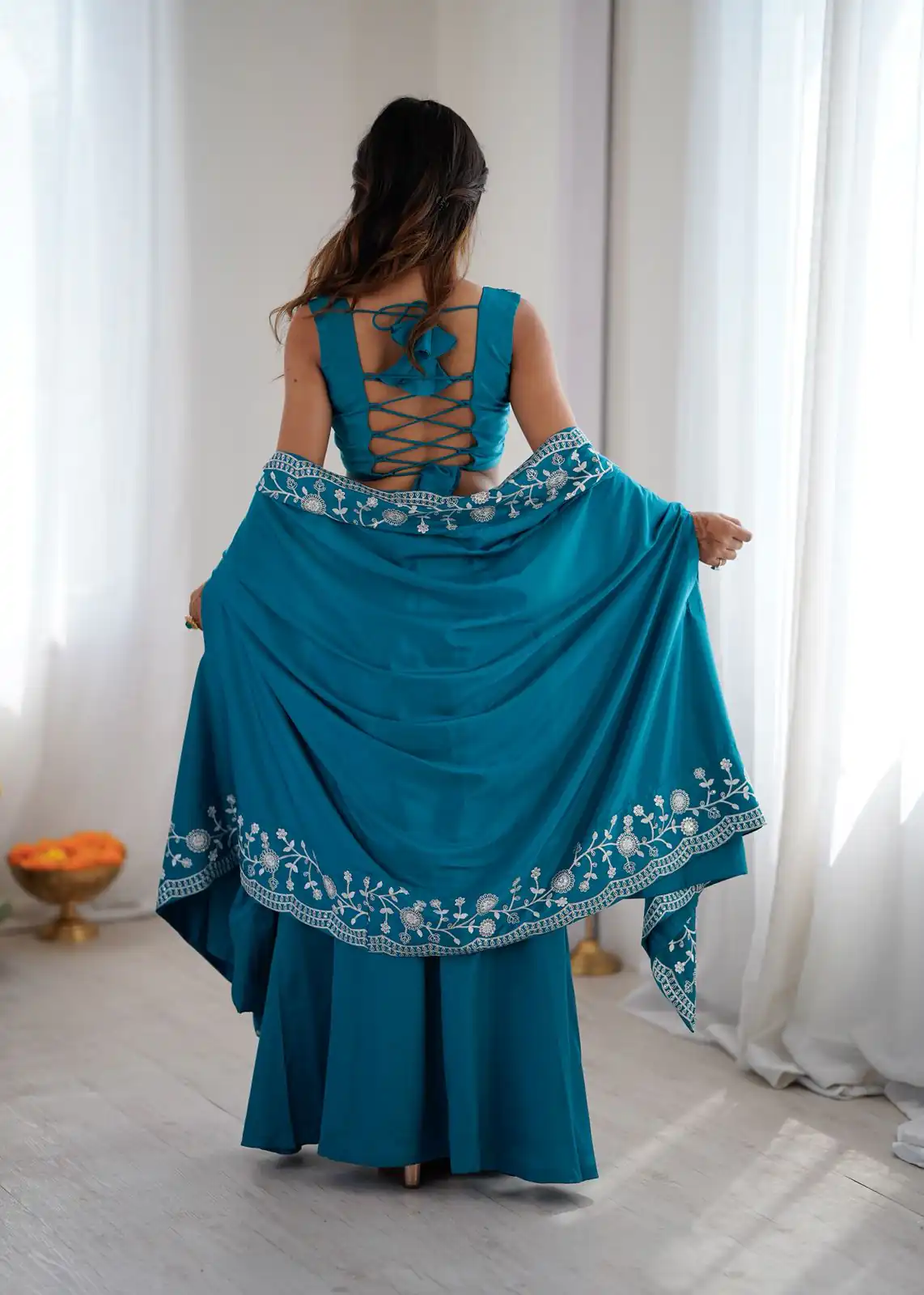 Shiny Blue Crepe Silk Sequins Work Dhoti Suit - Image 5