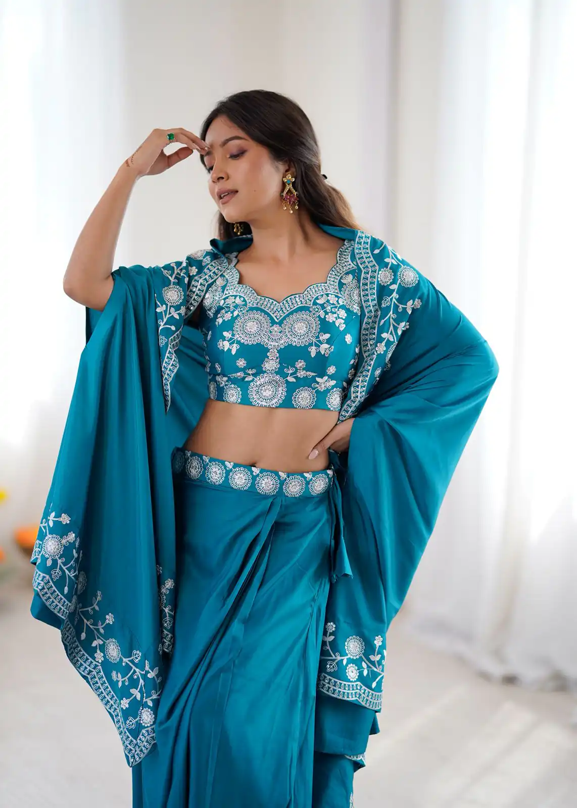 Shiny Blue Crepe Silk Sequins Work Dhoti Suit - Image 4