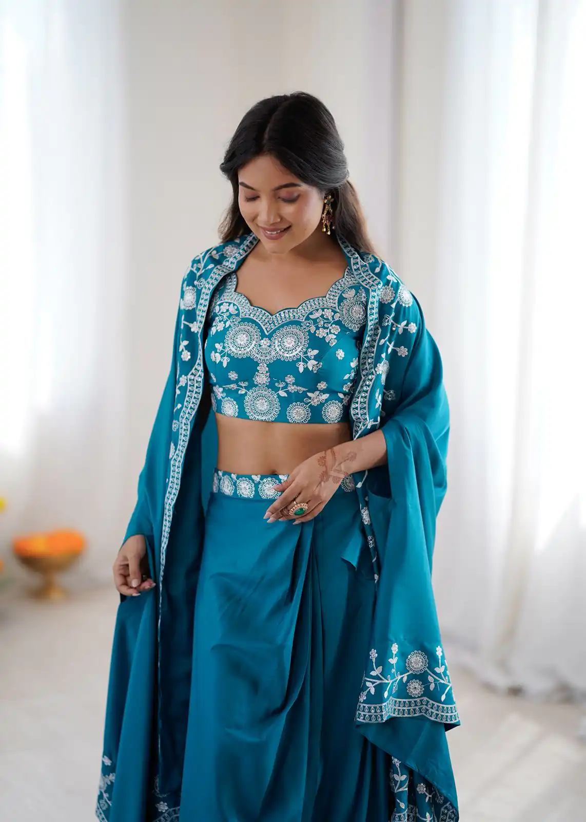 Shiny Blue Crepe Silk Sequins Work Dhoti Suit - Image 2