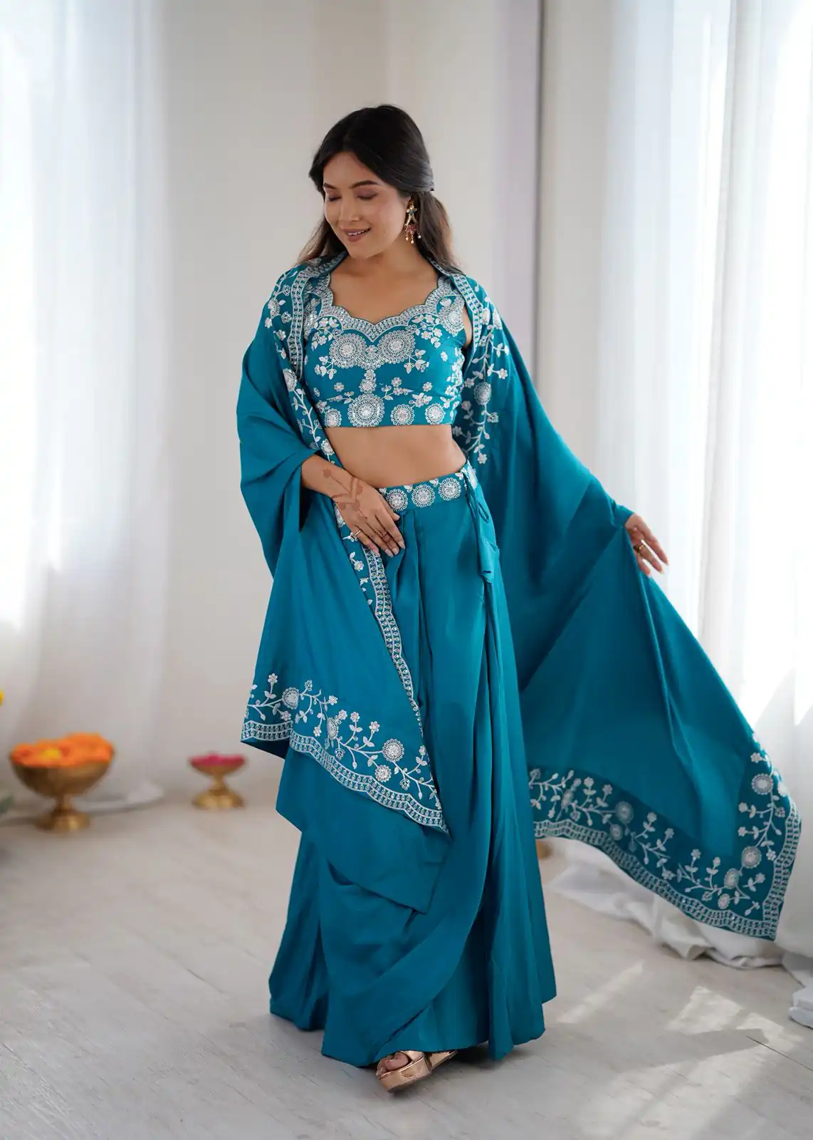 Shiny Blue Crepe Silk Sequins Work Dhoti Suit