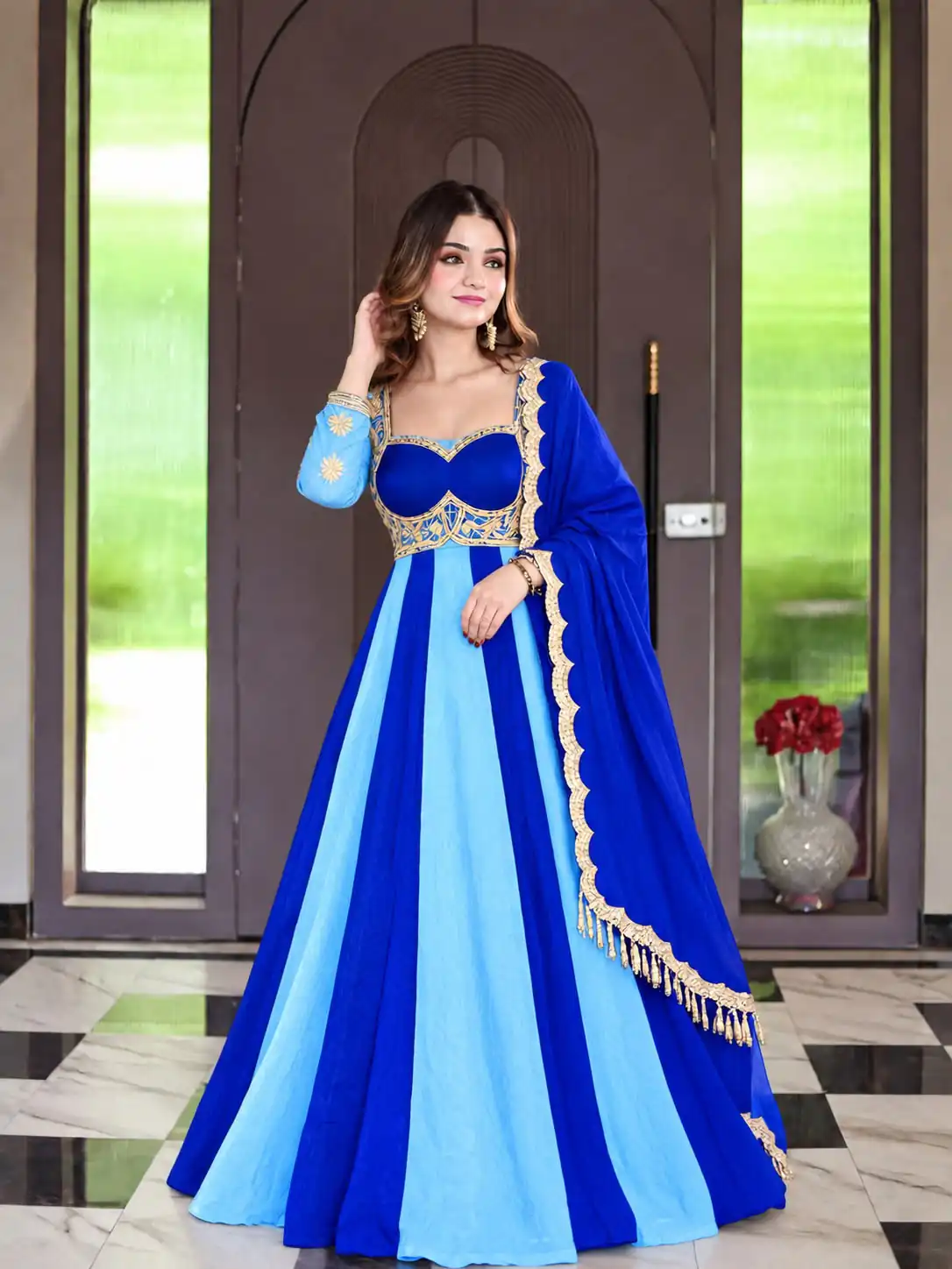Shiny Blue Fendy Silk Sequence Work Gown - Image 5
