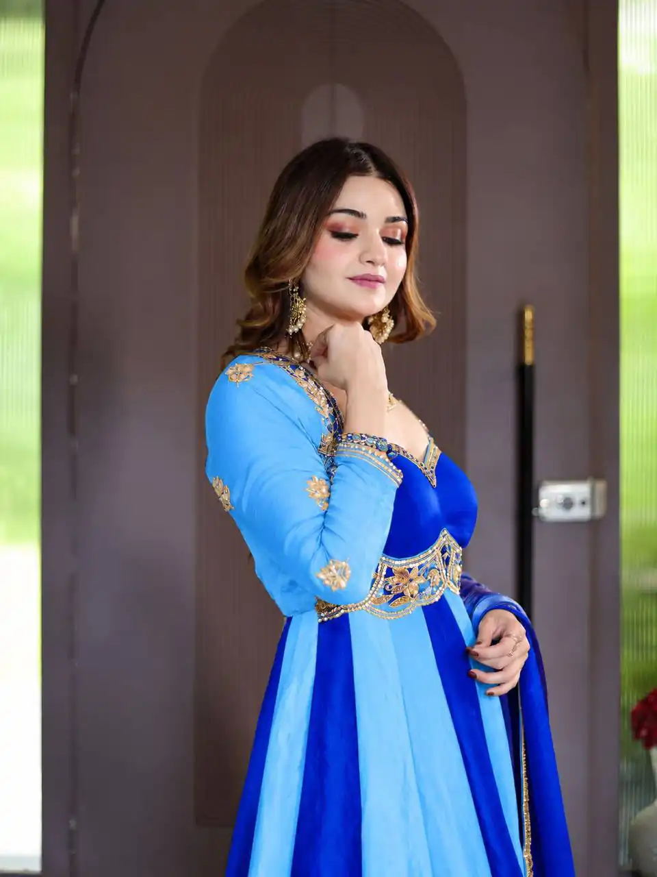 Shiny Blue Fendy Silk Sequence Work Gown - Image 4