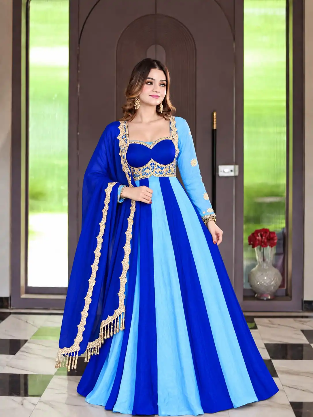 Shiny Blue Fendy Silk Sequence Work Gown - Image 3