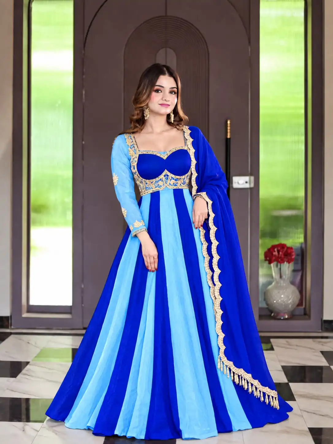 Shiny Blue Fendy Silk Sequence Work Gown - Image 2