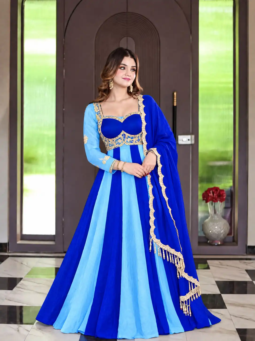 Shiny Blue Fendy Silk Sequence Work Gown