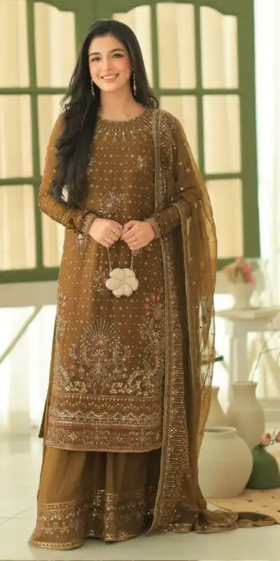 Shiny Brown Georgette Embroidery Work Salwar Suit