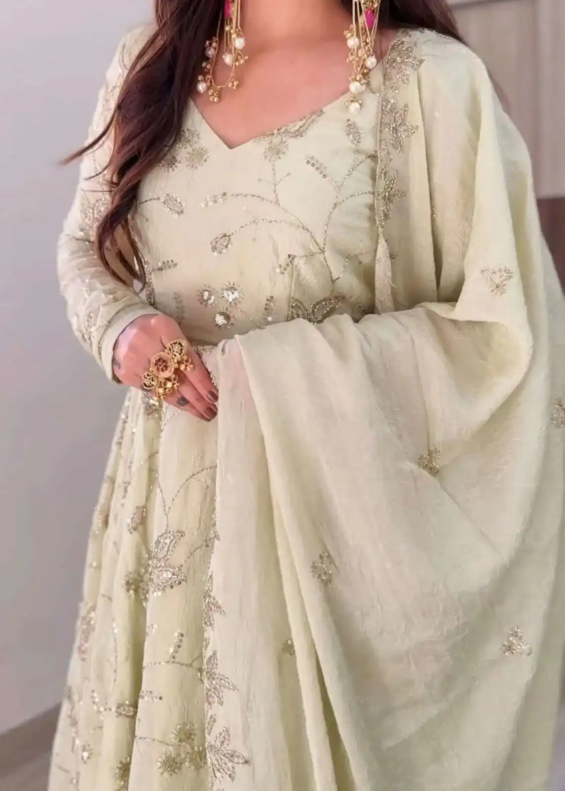 Shiny Off White Fendy Silk Sequence Work Gown - Image 8