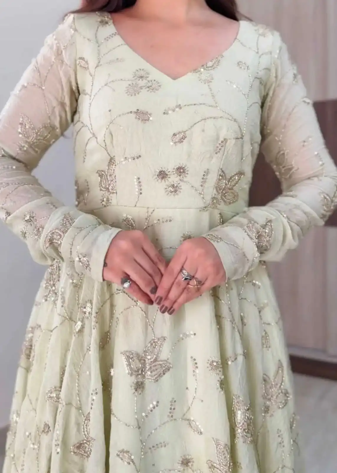 Shiny Off White Fendy Silk Sequence Work Gown - Image 3