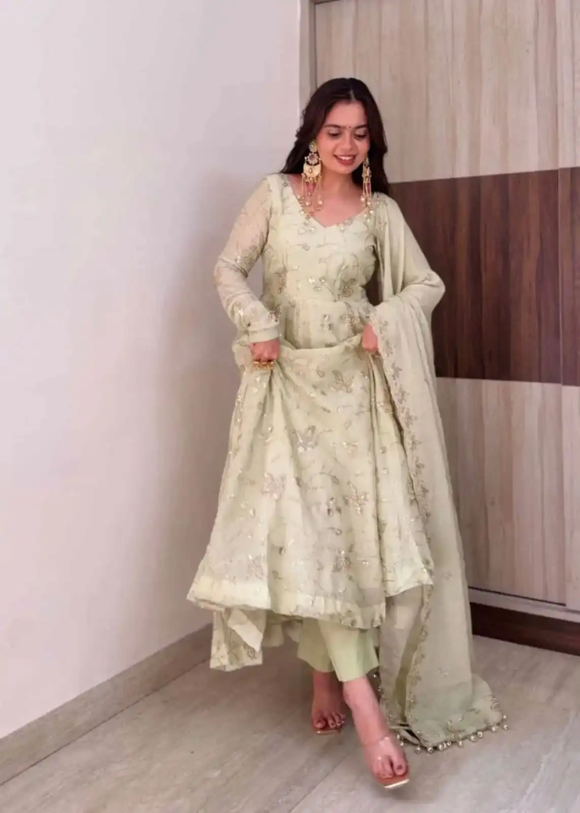 Shiny Off White Fendy Silk Sequence Work Gown - Image 2