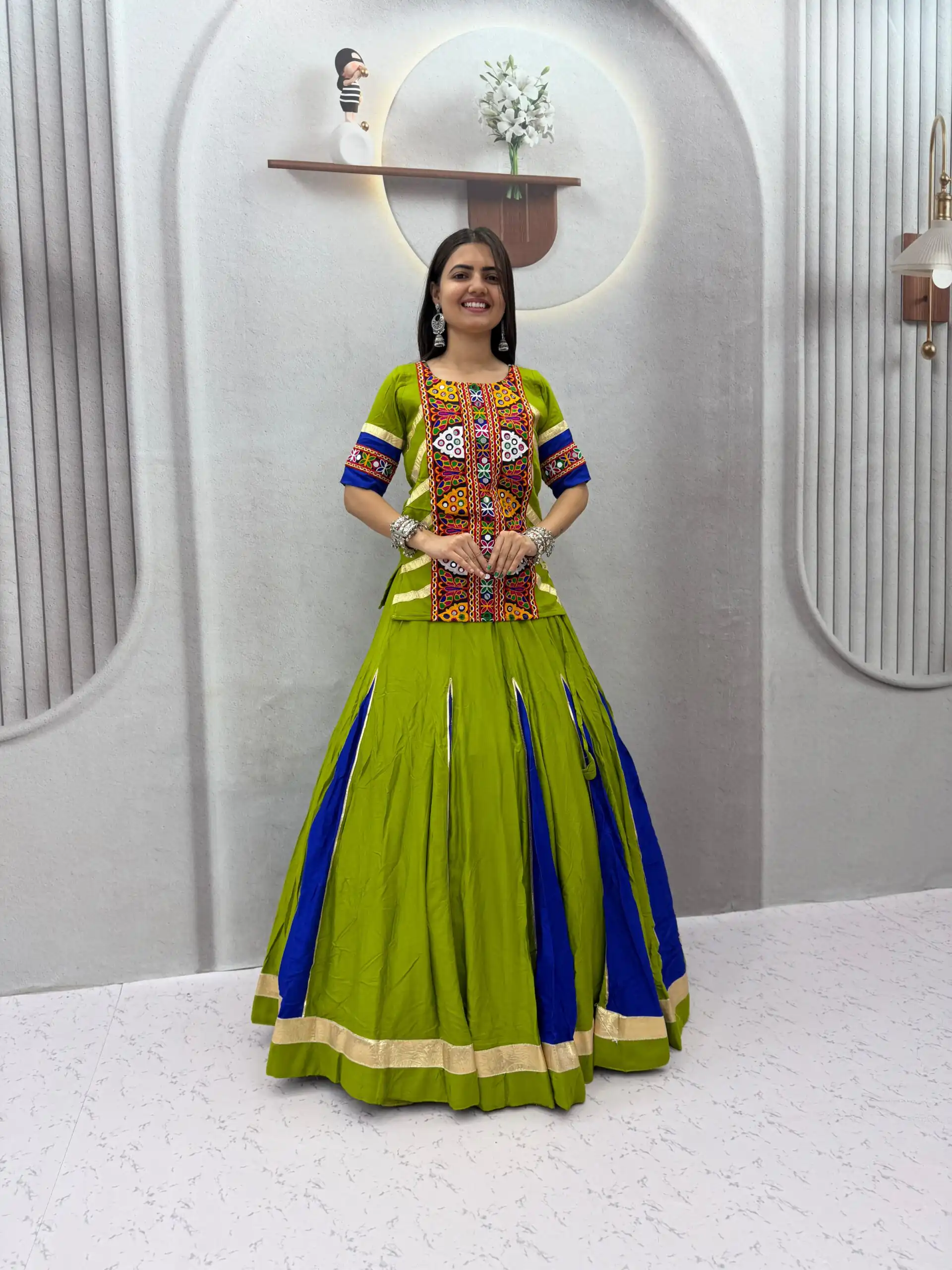 Shiny Parrot Green Cotton Thread Work Lehenga Choli - Image 2