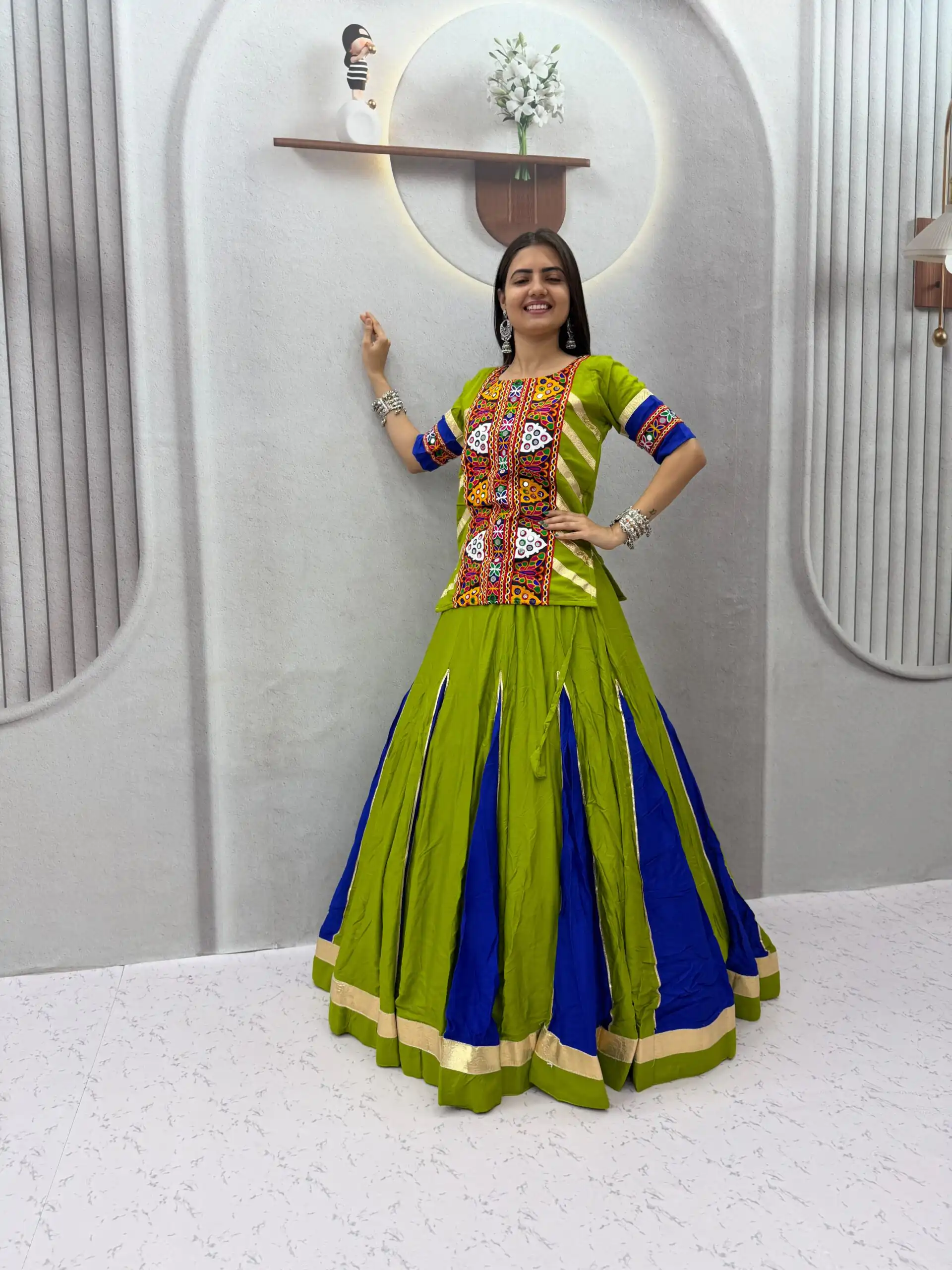Shiny Parrot Green Cotton Thread Work Lehenga Choli