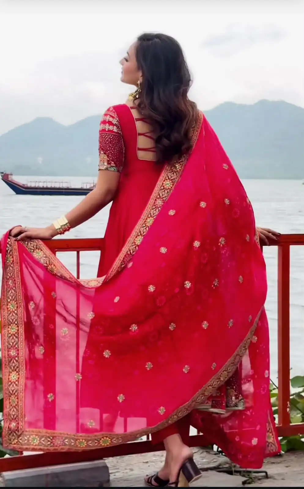 Shiny Pink Natural Crepe Sequence Work Anarkali Suit - Image 10