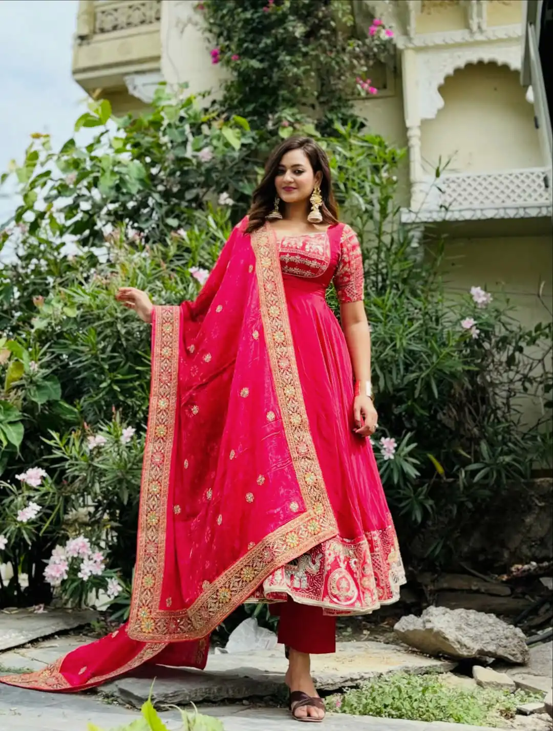 Shiny Pink Natural Crepe Sequence Work Anarkali Suit - Image 5