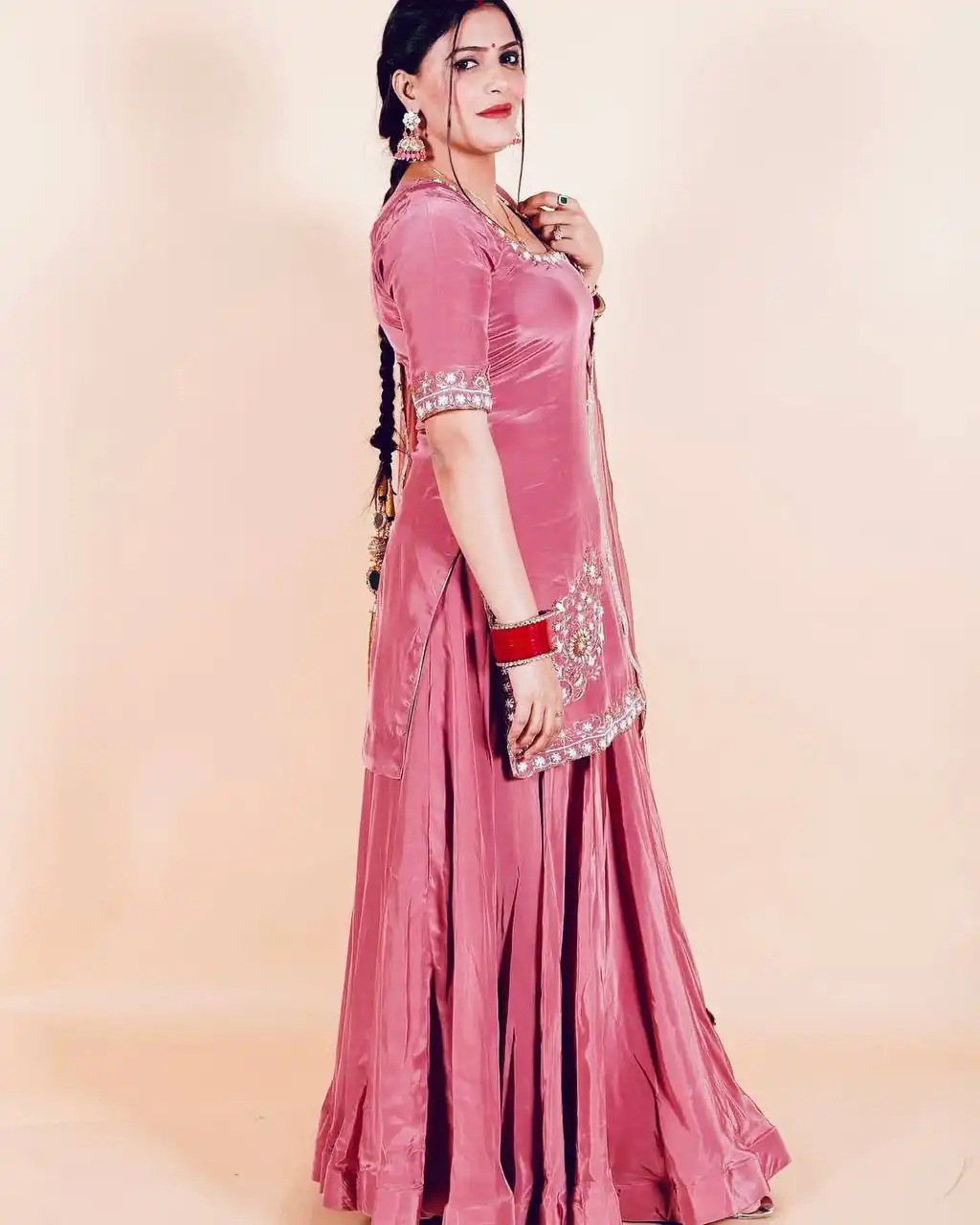 Shiny Pink Natural Crepe Silk Embroider Work Salwar Suit - Image 2