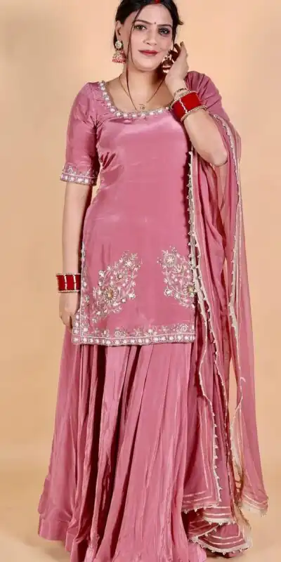 Shiny Pink Natural Crepe Silk Embroider Work Salwar Suit