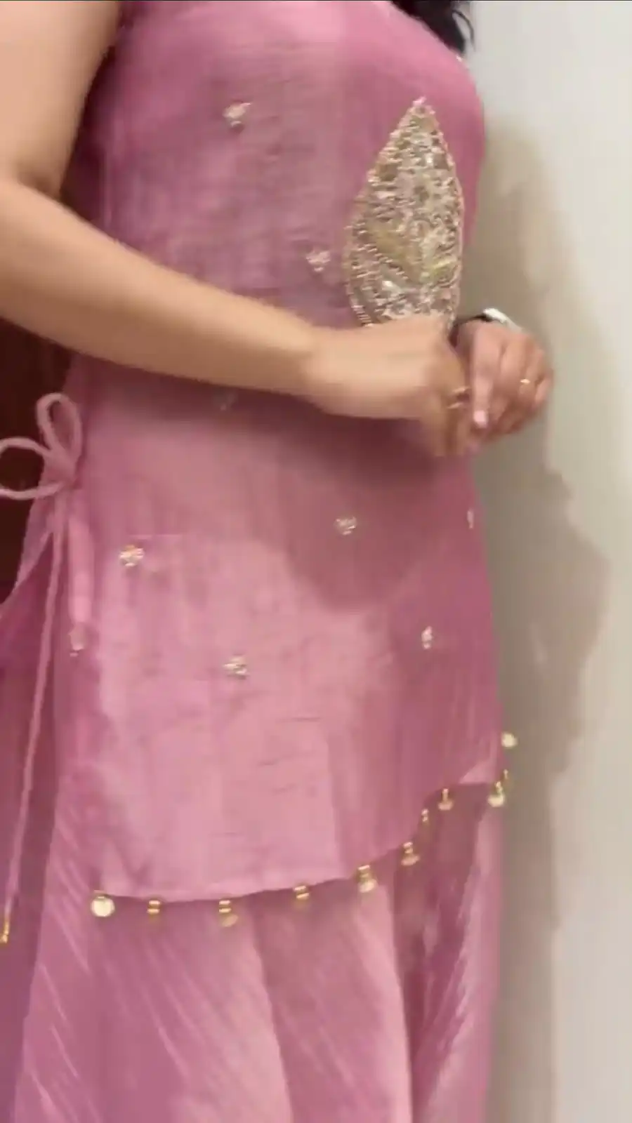 Shiny Pink Salsa Silk Embroidery Hand Work Salwar Suit - Image 4