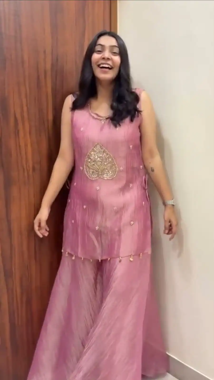 Shiny Pink Salsa Silk Embroidery Hand Work Salwar Suit - Image 3